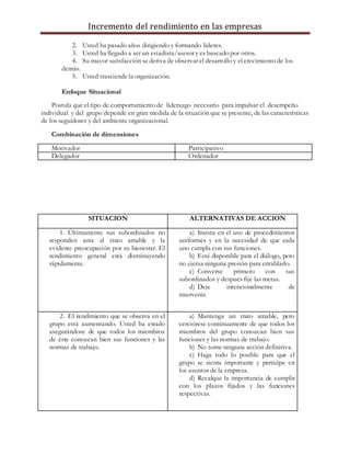 Incremento del rendimiento en las empresas
2. Usted ha pasado años dirigiendo y formando líderes.
3. Usted ha llegado a ser un estadista/asesor y es buscado por otros.
4. Su mayor satisfacción se deriva de observar el desarrollo y el crecimiento de los
demás.
5. Usted trasciende la organización.
Enfoque Situacional
Postula que el tipo de comportamiento de liderazgo necesario para impulsar el desempeño
individual y del grupo depende en gran medida de la situación que se presente, de las características
de los seguidores y del ambiente organizacional.
Combinación de dimensiones
Motivador Participativo
Delegador Ordenador
SITUACION ALTERNATIVAS DE ACCION
1. Últimamente sus subordinados no
responden ante el trato amable y la
evidente preocupación por su bienestar. El
rendimiento general está disminuyendo
rápidamente.
a) Insista en el uso de procedimientos
uniformes y en la necesidad de que cada
uno cumpla con sus funciones.
b) Esté disponible para el diálogo, pero
no ejerza ninguna presión para entablarlo.
c) Converse primero con sus
subordinados y después fije las metas.
d) Deje intencionalmente de
intervenir.
2. El rendimiento que se observa en el
grupo está aumentando. Usted ha estado
asegurándose de que todos los miembros
de éste conozcan bien sus funciones y las
normas de trabajo.
a) Mantenga un trato amable, pero
cerciórese continuamente de que todos los
miembros del grupo conozcan bien sus
funciones y las normas de trabajo.
b) No tome ninguna acción definitiva.
c) Haga todo lo posible para que el
grupo se sienta importante y participe en
los asuntos de la empresa.
d) Recalque la importancia de cumplir
con los plazos fijados y las funciones
respectivas.
 