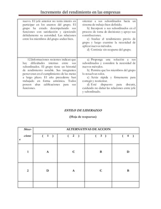 Incremento del rendimiento en las empresas
nuevo. El jefe anterior no tenía interés en
participar en los asuntos del grupo. El
grupo ha estado desempeñando sus
funciones con satisfacción y ejerciendo
debidamente su autoridad. Las relaciones
entre los miembros del grupo andan bien.
orientar a sus subordinados hacia un
sistema de trabajo bien definido.
b) Incorpore a sus subordinados en el
proceso de toma de decisiones y apoye sus
contribuciones.
c) Analice el rendimiento previo de
grupo y luego examine la necesidad de
aplicar nuevos métodos.
d) Continúe sin ocuparse del grupo.
12.Informaciones recientes indican que
hay dificultades internas entre sus
subordinados. El grupo tiene un historial
de rendimiento notable. Sus integrantes
perseveran en el cumplimiento de las metas
a largo plazo. El año precedente han
trabajado en forma armónica. Todos
poseen altas calificaciones para sus
funciones.
a) Proponga una solución a sus
subordinados y considere la necesidad de
nuevos métodos.
b) Permita que los miembros del grupo
lo resuelvan solos.
c) Actúe rápida y firmemente para
corregir y reorientar.
d) Esté dispuesto para discutir,
cuidando no dañar las relaciones entre jefe
y subordinado.
ESTILO DE LIDERAZGO
(Hoja de respuetas)
Situa- ALTERNATIVAS DE ACCION
cione
s
( 1 ) ( 2 ) ( 3 ) ( 4 )
1 A C B D
2 D A C B
 