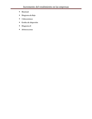Incremento del rendimiento en las empresas
 Matricial
 Diagrama de flujo
 3 dimensiones
 Grafica de dispersión
 Diagrama Z
 Arborescentes
 