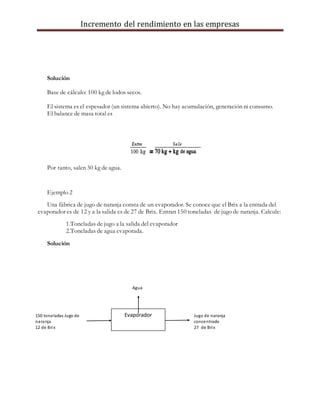 Incremento del rendimiento en las empresas
Solución
Base de cálculo: 100 kg de lodos secos.
El sistema es el espesador (un sistema abierto). No hay acumulación, generación ni consumo.
El balance de masa total es
Por tanto, salen 30 kg de agua.
Ejemplo 2
Una fábrica de jugo de naranja consta de un evaporador. Se conoce que el Brix a la entrada del
evaporador es de 12 y a la salida es de 27 de Brix. Entran 150 toneladas de jugo de naranja. Calcule:
1.Toneladas de jugo a la salida del evaporador
2.Toneladas de agua evaporada.
Solución
Evaporador150 toneladas Jugo de
naranja
12 de Brix
Agua
Jugo de naranja
concentrado
27 de Brix
 