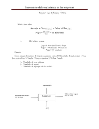 Incremento del rendimiento en las empresas
Naranja= Jugo de Naranja + Pulpa
Balance base solida
𝑁𝑎𝑟𝑎𝑛𝑗𝑎 × 𝐹𝑖𝑏𝑟𝑎 𝑁𝑎𝑟𝑎𝑛𝑎𝑗𝑎 = 𝑃𝑢𝑙𝑝𝑎 × 𝐹𝑖𝑏𝑟𝑎 𝑃𝑢𝑙𝑝𝑎
𝑃𝑢𝑙𝑝𝑎 =
180 ×0.10
0.60
= 30 𝑡𝑜𝑛𝑒𝑙𝑎𝑑𝑎𝑠
4. Del balance general
Jugo de Naranja=Naranja-Pulpa
Pulpa=180toneladas -30toneladas
Pulpa=150 toneladas
Ejemplo 4
En un tándem de molinos de ingenio azucarero entran 3000 toneladas de caña con un 15% de
fibra, y se utilizan 32% caña. El bagazo contiene 55% fibra. Calcule:
1. Toneladas de agua utilizada
2. Toneladas de bagazo
3. Toneladas de jugo que sale del molino.
Evaporador
Jugo de Caña
3000 toneladas de caña
15% de fibra
180 toneladas Bagazo
55 % de fibra
Agua
 