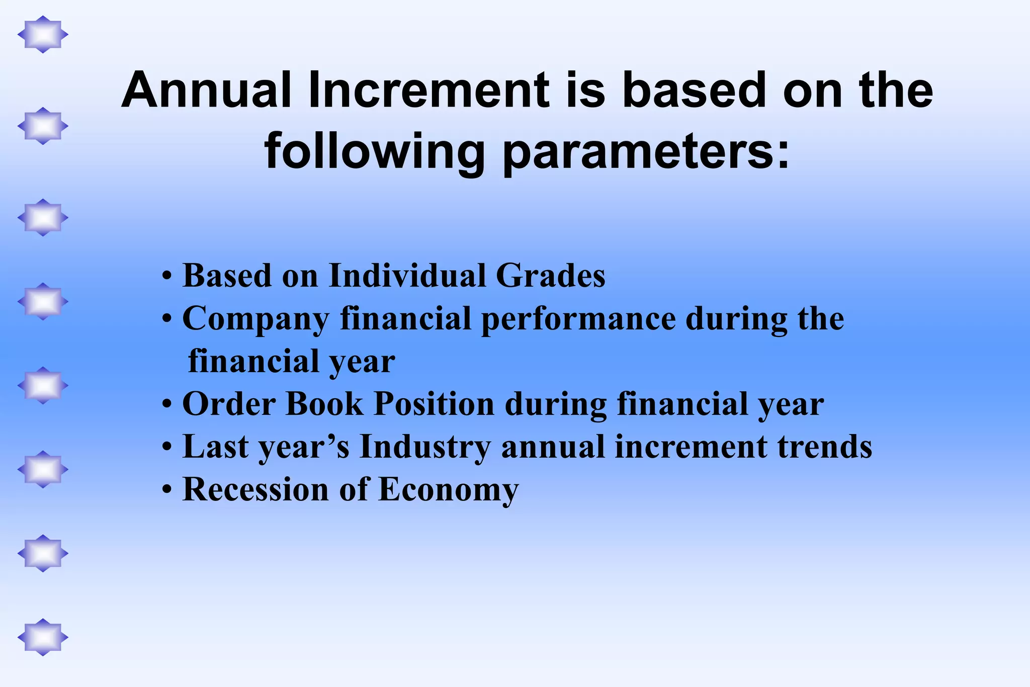 Annual Increment is based on the
following parameters:
• Based on Individual Grades
• Company financial performance during the
financial year
• Order Book Position during financial year
• Last year’s Industry annual increment trends
• Recession of Economy
 
