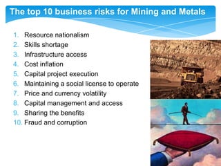 The top 10 business risks for Mining and Metals
1. Resource nationalism
2. Skills shortage
3. Infrastructure access
4. Cost inflation
5. Capital project execution
6. Maintaining a social license to operate
7. Price and currency volatility
8. Capital management and access
9. Sharing the benefits
10. Fraud and corruption

 