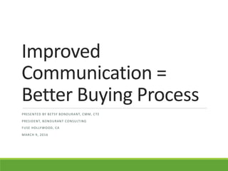 Improved	
Communication	=	
Better	Buying	Process
PRESENTED	BY	BETSY	BONDURANT,	CMM,	CTE	
PRESIDENT,	BONDURANT	CONSULTING	
FUSE	HOLLYWOOD,	CA	
MARCH	9,	2016
 