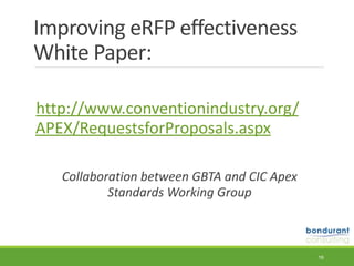 Improving	eRFP	effectiveness	
White	Paper:
	http://www.conventionindustry.org/
APEX/RequestsforProposals.aspx		
	 Collaboration	between	GBTA	and	CIC	Apex	
Standards	Working	Group
16
 