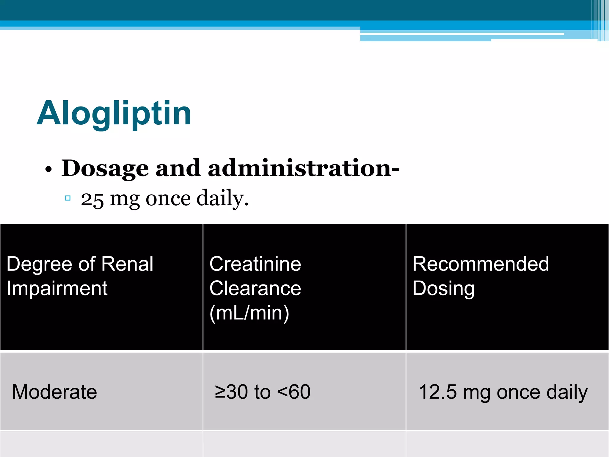 Alogliptin
• Dosage and administration-
▫ 25 mg once daily.
Degree of Renal
Impairment
Creatinine
Clearance
(mL/min)
Recommended
Dosing
Moderate ≥30 to <60 12.5 mg once daily
 