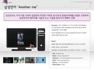 ????Another me 
???????????????????????????????????????????????????Sync ???????????? 
?Title : Another Me 
?Nation : Korea, Republic Of 
?Advertiser :CheilWorldwide/ Samsung Electronics 
?Brand : Samsung Electronics 
?Agency : CheilWorldwide 
?Award Name : Silver 
?Rundown : NFC???????????????????????????????????????????????????????? 
??????????????????????????????????????? 
?Result : 
C???????????????????8% ???? 
C??????12%???? 
C?????????????????????11% ??  