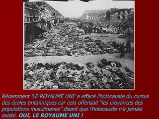 Récemment ‘LE ROYAUME UNI’ a effacé l’holocauste du cursus des écoles britanniques car cela offensait “les croyances des populations musulmanes” disant que l’holocauste n’a jamais existé.  OUI, LE ROYAUME UNI ! 