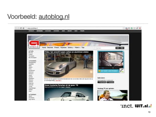 WordPress - widgets: inhoud van sidebars 
.... 
.... 
1 2 3 
2a 
2b 
(body) 
inhoud: 
bericht(en) 
of pagina 
- widgets zijn afzonderlijke stukjes in sidebars 
- een widget kan de resultaten weergeven van 
bijvoorbeeld een plugin, maar kan ook stukje tekst zijn 
19 
 