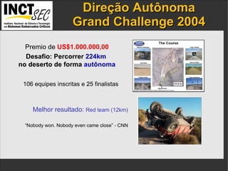 Direção  Autônoma Grand Challenge 2004 IP addresses  and the  port numbers  of the components. 106 equipes inscritas e 25 finalistas Premio de  US$1.000.000,00 Desafio: Percorrer  224km   no deserto de forma  autônoma Melhor resultado:  Red team (12km) “ Nobody won. Nobody even came close” - CNN 