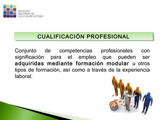 Conjunto de competencias profesionales con
significación para el empleo que pueden ser
adquiridas mediante formación modular u otros
tipos de formación, así como a través de la experiencia
laboral.
CUALIFICACIÓN PROFESIONALCUALIFICACIÓN PROFESIONAL
 
