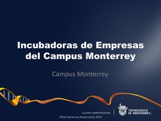 Incubadoras de Empresas
  del Campus Monterrey
      Campus Monterrey




        ITESM Derechos Reservados 2010
 