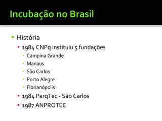História 1984 CNPq instituiu 5 fundações Campina Grande Manaus São Carlos Porto Alegre Florianópolis 1984 ParqTec - São Carlos 1987 ANPROTEC 