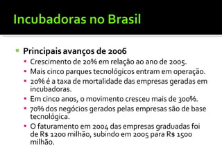 Principais avanços de 2006 Crescimento de 20% em relação ao ano de 2005.  Mais cinco parques tecnológicos entram em operação.  20% é a taxa de mortalidade das empresas geradas em incubadoras.  Em cinco anos, o movimento cresceu mais de 300%.  70% dos negócios gerados pelas empresas são de base tecnológica. O faturamento em 2004 das empresas graduadas foi de R$ 1200 milhão, subindo em 2005 para R$ 1500 milhão.  
