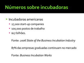 Incubadoras americanas 27,000 start-up companies  100,000 postos de trabalho  $17 bilhões. Fonte:  2006 State of the Business Incubation Industry 87% das empresas graduadas continuam no mercado  Fonte:  Business Incubation Works   