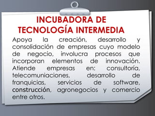 INCUBADORA DE TECNOLOGÍA INTERMEDIA Apoya la creación, desarrollo y consolidación de empresas cuyo modelo de negocio, involucra procesos que incorporan elementos de innovación. Atiende empresas en: consultoría, telecomuniaciones, desarrollo de franquicias, servicios de software,  construcción , agronegocios y comercio entre otros.  