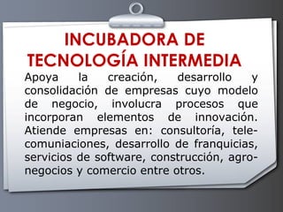 INCUBADORA DE TECNOLOGÍA INTERMEDIA Apoya la creación, desarrollo y consolidación de empresas cuyo modelo de negocio, involucra procesos que incorporan elementos de innovación. Atiende empresas en: consultoría, tele-comuniaciones, desarrollo de franquicias, servicios de software, construcción, agro-negocios y comercio entre otros.  