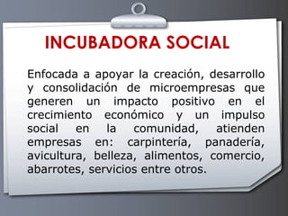 INCUBADORA SOCIAL Enfocada a apoyar la creación, desarrollo y consolidación de microempresas que generen un impacto positivo en el crecimiento económico y un impulso social en la comunidad, atienden empresas en: carpintería, panadería, avicultura, belleza, alimentos, comercio, abarrotes, servicios entre otros.  