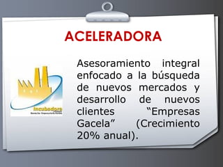 ACELERADORA Asesoramiento integral enfocado a la búsqueda de nuevos mercados y desarrollo de nuevos clientes “Empresas Gacela” (Crecimiento 20% anual). 