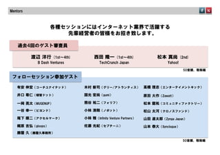 Mentors



                    各種セッションにはインターネット業界で活躍する
                        先輩経営者の皆様をお招き致します。

    過去4回のゲスト審査員

          渡辺  洋行  (1st〜4th)           西田  隆一  (1st〜4th)                    松本  真尚  (2nd)
            B  Dash  Ventures             TechCrunch  Japan                     Yahoo!

                                                                                         50音順、敬称略

 フォローセッション参加ゲスト

   有安  伸宏（コーチユナイテッド）            木村  新司（グリー/アトランティス）                  高橋  理志（エンターテイメントキック）

   井口  尊仁（頓智ドット）                国光  宏尚（gumi）                         原田  大作（Zawatt）

   一岡  亮太（MUGENUP）              熊谷  祐二（フォリフ）                         松本  龍祐（コミュニティファクトリー）
   一谷  幸一（ビヨンド）                 小林  清剛（ノボット）                         松山  太河（クロノスファンド）
   尾下  順二（アクセルマーク）              小林  雅（Infinity  Venture  Partners）   山田  進太郎（Zynga  Japan）
   梶原  吉弘（gloops）               佐藤  光紀（セプテーニ）                        山本  泰大（Synclogue）
   勝屋  久（勝屋久事務所）

                                                                                         50音順、敬称略
 