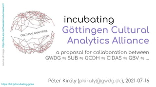 a proposal for collaboration between
GWDG ⇋ SUB ⇋ GCDH ⇋ CIDAS ⇋ GBV ⇋ …
Péter Király (pkiraly@gwdg.de), 2021-07-16
incubating……………..
Göttingen Cultural
Analytics Alliance
source
of
image:
https://link.soc.northwestern.edu/research/
https://bit.ly/incubating-gcaa
 
