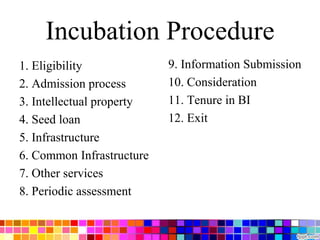 Incubation Procedure
1. Eligibility
2. Admission process
3. Intellectual property
4. Seed loan
5. Infrastructure
6. Common Infrastructure
7. Other services
8. Periodic assessment
9. Information Submission
10. Consideration
11. Tenure in BI
12. Exit
 