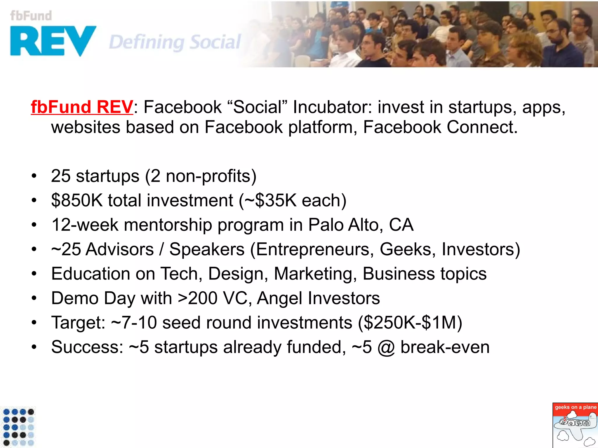 Angel Investments (via FF Angel, Q408-Q309, 30+ deals) FF Angel – 12 deals @$50-250K fbFund REV – 22 deals @ ~$15-75K 