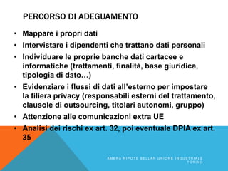 PERCORSO DI ADEGUAMENTO
• Mappare i propri dati
• Intervistare i dipendenti che trattano dati personali
• Individuare le proprie banche dati cartacee e
informatiche (trattamenti, finalità, base giuridica,
tipologia di dato…)
• Evidenziare i flussi di dati all’esterno per impostare
la filiera privacy (responsabili esterni del trattamento,
clausole di outsourcing, titolari autonomi, gruppo)
• Attenzione alle comunicazioni extra UE
• Analisi dei rischi ex art. 32, poi eventuale DPIA ex art.
35
A M B R A N I P O T E B E L L A N U N I O N E I N D U S T R I A L E
T O R I N O
 