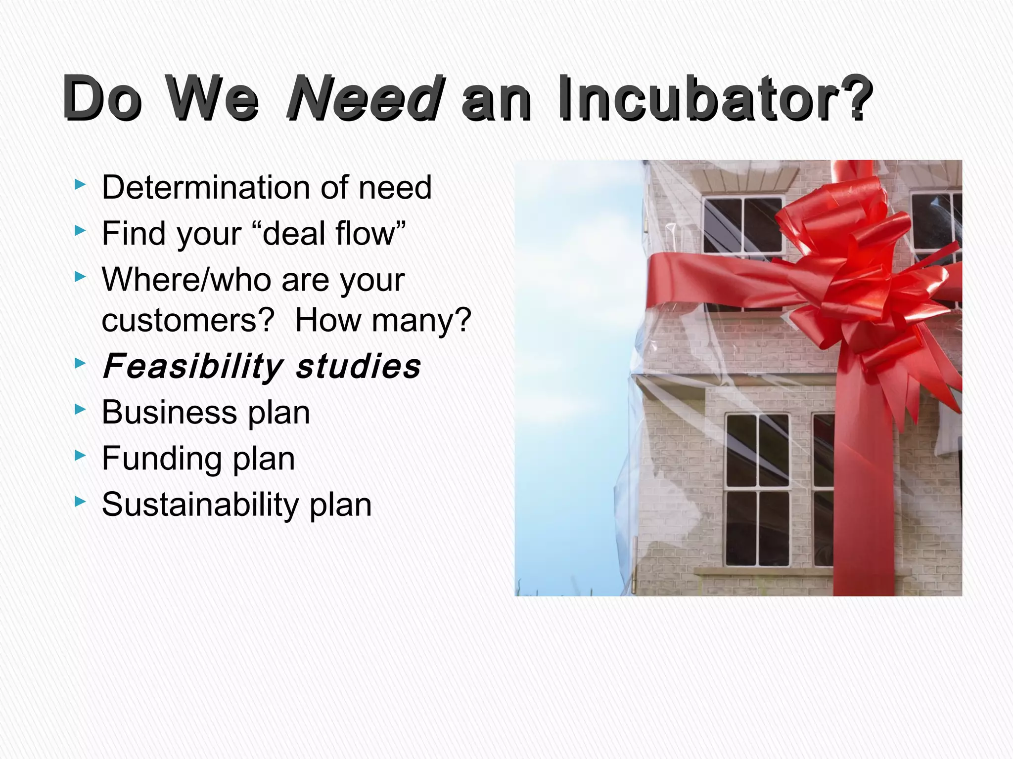 Do WeDo We NeedNeed an Incubator?an Incubator?
 Determination of need
 Find your “deal flow”
 Where/who are your
customers? How many?
 Feasibility studies
 Business plan
 Funding plan
 Sustainability plan
 
