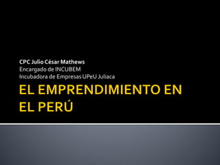 CPC Julio César Mathews
Encargado de INCUBEM
Incubadora de EmpresasUPeU Juliaca
 