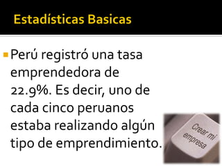 Perú registró una tasa
emprendedora de
22.9%. Es decir, uno de
cada cinco peruanos
estaba realizando algún
tipo de emprendimiento.
 
