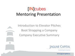 Mentoring Presentation

Introduction to Elevator Pitches
   Boot Strapping a Company
 Company Executive Summary
 