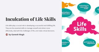 Inculcation of Life Skills
Life skills play a crucial role in developing a successful and fulfilling life.
They are the essential skills to manage oneself and others more
effectively, deal with the challenges of life, and make critical decisions.
by Ganesh Wagh
GW
 