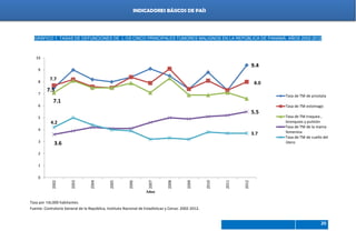 Indicadores de país 2012
20
INDICADORES BÁSICOS DE PAÍS
GRÁFICO 1. TASAS DE DEFUNCIONES DE L OS CINCO PRINCIPALES TUMORES MALIGNOS EN LA REPÚBLICA DE PANAMÁ: AÑOS 2002-2012
Tasa por 100,000 habitantes.
Fuente: Contraloría General de la República, Instituto Nacional de Estadísticas y Censo: 2002-2012.
7.5
9.4
7.7
8.0
7.1
3.6
5.5
4.2
3.7
0
1
2
3
4
5
6
7
8
9
10
2002
2003
2004
2005
2006
2007
2008
2009
2010
2011
2012
Años
Tasa de TM de prostata
Tasa de TM estomago
Tasa de TM traquea ,
bronquios y pulmòn
Tasa de TM de la mama
femenina
Tasa de TM de cuello del
ûtero
 