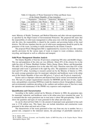 Islamic Republic of Iran

Table 4.3: Quantity of Waste Generated in Urban and Rural
of the Islamic Republic of Iran (tons/day)
Population Domestic- Industrial Healthcare
Type
(in millions) like Waste
Waste
Waste
Urban
44.22
35,376
752
1,150
Rural
21.78
10,890
0
0
Total
66.00
46,266
752
1,150

Areas

Total
37,278
10,890
48,168

ment, Ministry of Health, Treatment, and Medical Education and other relevant organizations,
as specified by the High Council of Environmental Protection. The proposed bill states that
the responsibility of solid-waste management in urban areas rests with the municipalities. Outside the cities, the responsibility is shared by the counties and governing bodies of the rural
districts. The bill also stipulates that the cost of solid-waste management should be paid by the
generators of the waste, according to tariffs determined by the Islamic Councils.
The proposed Waste Management Bill is supplemented by executive by-laws that contain
specific provisions for the various types of waste in respect to waste avoidance, reduction,
recycling, and disposal as well as collection and transport.
Solid-Waste Management Situation Analysis
The Islamic Republic of Iran has 28 provinces comprising 950 cities and 68,000 villages.
The size and population of the cities are very different. About 45% of the citizens live in the
eight big cities of Tehran, Mashhad, Esfahan, Tabriz, Karag, Ghom, Shiraz, and Kermanshah.
The other 55% of the population lives in the other 942 cities. Therefore more than 45% of the
municipal solid waste is generated in the eight big cities. The population is divided into 33%
rural and 67% urban. According to research carried out by the Ministry of Interior in 1993,
the yearly average generation rates for municipal, industrial, and healthcare waste in the urban
area of the Islamic Republic of Iran were 800 g/ca-d, 17 g/ca-d, and 26 g/ca-d, respectively.6
Factors such as improper collection and disposal have led to serious environmental pollution. The lack of a proper organizational structure for MSWMS and the lack of rules, regulations, and guidelines concerning SWM have made the situation critical. Geographical, climatic,
and environmental conditions prevailing in the southern and northern areas of Iran have made
the operation and maintenance of the SWMS very expensive and complicated.
Quantification and Characterization
According to the studies carried out by Ministry of Interior in 2004, the generation rates
for municipal, industrial, and healthcare waste in the urban areas have remained the same.7 It
is estimated that the waste generation rate in rural areas is about 500 gm/capita/day. Table 4.3
shows the quantities and types of waste generated in the urban and rural areas.
As can be observed from Table 4.3, the amount of municipal waste generated in Iran each
year is 17.58 million tons. This figure does not include demolition and construction waste
generated in the urban and rural area of Iran.
The characteristics of the waste generated in Iran vary from one city to another, but as a
general rule, compared to the industrial nations, the percentage of putrefiable materials in
6
7

M. D. Abduli. 1993.
M. D. Abduli. Technical, Economic, and Feasibility Studies of MSW Recycling in the Caspian Region. Tehran:
Municipalities Region, 2003.

– 101 –

 