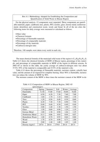 Islamic Republic of Iran

Box 4.1: Methodology Adopted for Establishing the Composition and
Quantification of Solid Waste in Khazar Region
For the physical analysis, 13 components were separated. These components are putrefiable materials, paper, cardboard, tires, plastic, PET, textiles, glass, ferrous metal, nonferrous
metal, demolition and construction waste, wood, and bread. In all of the ten cities the
following items for daily average were measured or calculated as follows.
• Heat value
• Chemical formula
• Percentage of flammable materials
• Percentage of compactable materials
• Percentage of dry materials
• Carbon-to-nitrogen ratio
Therefore, 140 samples were taken every week in each city.

The mean chemical formula of the municipal solid waste of the region is C533H840O278N14.3S.
Table 4.13 shows the chemical formulas of MSW of Khazar region, percentage of dry materials, and percentage of compactable materials in MSW of the region in different seasons. In
2002–03 as shown in this table, the yearly average of carbon-to-nitrogen ratio was about
37.5%; 95% of the material is compactable and 23.5% of the material is dry.
Table 4.14 shows the percentage of flammable materials, moisture content, calorific heat
value, and the amount of air required for complete burning. Since 96% is flammable, incineration can reduce the volume of MSW by 90%.
The moisture content of the MSW is three times the moisture content of the MSW in de-

Table 4.12: Composition of MSW in Khazar Region, 2002–03
(percentages)
Composition
Spring Summer
Fall
Winter Average
Putrefiable
71.50
77.00
77.60
78.00
76.00
Paper
6.50
6.20
7.30
7.40
7.00
Cardboard
1.60
1.70
1.10
0.60
1.30
Tires
1.20
0.50
0.40
0.30
0.60
Plastic
8.20
7.30
7.30
6.90
7.50
PET
0.40
0.40
0.30
0.40
0.40
Textiles
2.00
1.40
1.30
1.50
1.50
Glass
1.50
0.80
0.90
1.20
1.10
Ferrous Metal
1.80
1.30
0.90
1.04
1.25
Nonferrous Metal
0.13
0.06
0.05
0.04
0.07
Demolition Waste
1.00
0.70
0.95
0.60
0.80
Wood
1.70
0.70
0.90
0.73
1.00
Bread
2.00
1.40
1.00
1.05
1.40
Density (kg/m3)
247.0
263.0
279.0
281.0
267.5
– 107 –

 