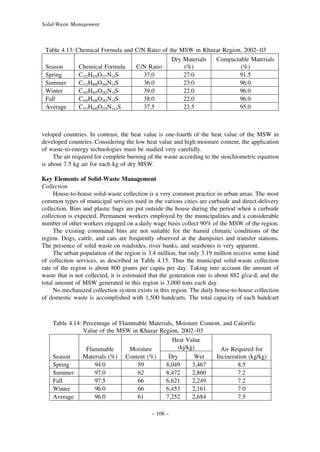 Solid-Waste Management

Table 4.13: Chemical Formula and C/N Ratio of the MSW in Khazar Region, 2002–03
Dry Materials
Compactable Materials
Season
Chemical Formula
C/N Ratio
(%)
(%)
Spring
C532H870O277N15S
37.0
27.0
91.5
Summer
C513H800O269N14S
36.0
23.0
96.0
Winter
C543H845O282N14S
39.0
22.0
96.0
Fall
C545H848O283N14S
38.0
22.0
96.0
Average
C533H840O278N14.3S
37.5
23.5
95.0

veloped countries. In contrast, the heat value is one-fourth of the heat value of the MSW in
developed countries. Considering the low heat value and high moisture content, the application
of waste-to-energy technologies must be studied very carefully.
The air required for complete burning of the waste according to the stoichiometric equation
is about 7.5 kg air for each kg of dry MSW.
Key Elements of Solid-Waste Management
Collection
House-to-house solid-waste collection is a very common practice in urban areas. The most
common types of municipal services used in the various cities are curbside and direct-delivery
collection. Bins and plastic bags are put outside the house during the period when a curbside
collection is expected. Permanent workers employed by the municipalities and a considerable
number of other workers engaged on a daily wage basis collect 90% of the MSW of the region.
The existing communal bins are not suitable for the humid climatic conditions of the
region. Dogs, cattle, and cats are frequently observed at the dumpsites and transfer stations.
The presence of solid waste on roadsides, river banks, and seashores is very apparent.
The urban population of the region is 3.4 million, but only 3.19 million receive some kind
of collection services, as described in Table 4.15. Thus the municipal solid-waste collection
rate of the region is about 800 grams per capita per day. Taking into account the amount of
waste that is not collected, it is estimated that the generation rate is about 882 g/ca-d, and the
total amount of MSW generated in this region is 3,000 tons each day.
No mechanized collection system exists in this region. The daily house-to-house collection
of domestic waste is accomplished with 1,500 handcarts. The total capacity of each handcart

Table 4.14: Percentage of Flammable Materials, Moisture Content, and Calorific
Value of the MSW in Khazar Region, 2002–03

Season
Spring
Summer
Fall
Winter
Average

Flammable
Materials (%)
94.0
97.0
97.5
96.0
96.0

Moisture
Content (%)
59
62
66
66
61

Heat Value
(kj/kg)
Dry
Wet
8,049
3,467
8,472
2,860
6,621
2,249
6,453
2,161
7,252
2,684

– 108 –

Air Required for
Incineration (kg/kg)
8.5
7.2
7.2
7.0
7.5

 