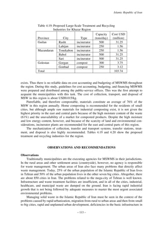 Islamic Republic of Iran

Table 4.19: Proposed Large-Scale Treatment and Recycling
Industries for Khazar Region
Capacity
Cost USD
Province
City
Type
(tons/day)
(million)
Guilan
Rasht
incinerator
500
31.25
Lahijan
incinerator
250
1.56
Mazandaran
Tonekabon incinerator
250
1.56
Babol
incinerator
500
31.25
Sari
incinerator
500
31.25
Golestan
Gorgan
compost
300
3.75
Gonbad
compost
250
3.12
Total
103.74

exists. Thus there is no reliable data on cost accounting and budgeting of MSWMS throughout
the region. During this study, guidelines for cost accounting, budgeting, and financing MSWMS
were prepared and distributed among the public-service offices. This was the first attempt to
acquaint the municipalities with this task. The cost of collection, transport, and disposal of
MSW in this region is about USD0.015/kg.
Putrefiable, and therefore compostable, materials constitute an average of 76% of the
MSW in this region annually. Home composting is recommended for the residents of small
cities, but although ample raw materials for industrial composting exist, it is not given the
highest priority in the east and central parts because of the high moisture content of the waste
(61%) and the unavailability of a market for composted products. Despite the high moisture
and low energy content, however, and because of the scarcity of land and environmental considerations, incinerator plants are recommended for the east and central parts of this region.
The mechanization of collection, transfer and transport systems, transfer stations, treatment, and disposal is also highly recommended. Tables 4.19 and 4.20 show the proposed
treatment and recycling industries for the region.

OBSERVATIONS AND RECOMMENDATIONS
Observations
Traditionally municipalities are the executing agencies for MSWMS in their jurisdictions.
In the rural areas and other settlement areas (countryside), however, no agency is responsible
for waste management. The urban areas of Iran also face many problems that directly affect
waste management. Today, 25% of the urban population of the Islamic Republic of Iran lives
in Tehran and 50% of the urban population lives in the other seven big cities. Altogether, there
are about 850 cities in Iran. The problems related to the mega-city of Tehran is well known.
Infrastructure and waste treatment facilities are insufficient, and in all of the cities, industrial,
healthcare, and municipal waste are dumped on the ground. Iran is facing rapid industrial
growth that is not being followed by adequate measures to master the most urgent associated
environmental problems.
Managing solid waste in the Islamic Republic of Iran must be seen in the context of the
problems caused by rapid urbanization, migration from rural to urban areas and then from small
to big cities, rapid and unplanned urban development, deficiencies in the basic infrastructure in
– 113 –

 