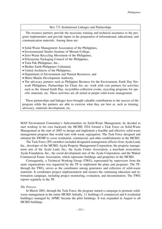 Philippines

Box 7.5: Institutional Linkages and Partnerships
The resource partners provide the necessary training and technical assistance to the program implementers and provide inputs in the preparation of informational, educational, and
communication materials. Among them are:
• Solid-Waste Management Association of the Philippines,
• Environmental Studies Institute of Miriam College,
• Zero-Waste Recycling Movement of the Philippines,
• Polystyrene Packaging Council of the Philippines,
• Tetra Pak Philippines, Inc.,
• Mother Earth Philippines Unlimited,
• United Architects of the Philippines,
• Department of Environment and Natural Resources, and
• Metro Manila Development Authority.
• The advocacy partners such as Philippine Business for the Environment, Earth Day Network Philippines, Partnerships for Clean Air, etc. work with core partners for activities
such as the Annual Earth Day, recyclables-collection events, recycling programs for specific materials, etc. These activities are all aimed at proper solid-waste management.
These partnerships and linkages have brought valuable contributions to the success of the
program while the partners are able to exercise what they are best at, such as training,
advocacy, materials development, etc.

MAP Environment Committee’s Subcommittee on Solid-Waste Management, he decided to
start working in his own backyard, the MCBD. FZA formed a Task Force on Solid-Waste
Management at the start of 2003 to design and implement a feasible and effective solid-waste
management program that would start with waste segregation. The Task Force designed and
initiated the SWMP to cover residential, commercial, and other establishments in the MCBD.
The Task Force (TF) members included designated management officers from Ayala Land,
Inc., developer of the MCBD; Ayala Property Management Corporation, the property management arm of the Ayala Land, Inc.; the Ayala Center Association, a merchant association;
Ayala Foundation, Inc., the social-development arm of the Ayala Corporation; and the Makati
Commercial Estate Association, which represents buildings and properties in the MCBD.
Consequently, a Technical Working Group (TWG), represented by supervisors from the
same organizations was organized by the TF to implement the plans and programs. The TF,
through the TWG, serves as the coordinator among generators and collectors of solid-waste
materials. It coordinates project implementation and ensures the continuing education and information campaign, including project monitoring, evaluation, and documentation. The TWG
reports regularly to the TF.
The Process
In March 2001, through the Task Force, the program started a campaign to promote solidwaste management in the entire MCBD. Initially, 11 buildings (5 commercial and 6 residential
buildings) managed by APMC became the pilot buildings. It was expanded in August to all
MCBD buildings.
– 213 –

 
