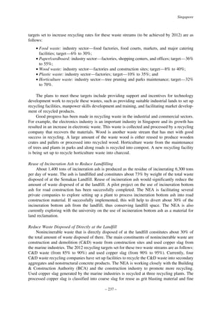 Singapore

targets set to increase recycling rates for these waste streams (to be achieved by 2012) are as
follows:
• Food waste: industry sector—food factories, food courts, markets, and major catering
facilities; target—6% to 30%;
• Paper/cardboard: industry sector—factories, shopping centers, and offices; target—36%
to 55%;
• Wood waste: industry sector—factories and construction sites; target—8% to 40%;
• Plastic waste: industry sector—factories; target—10% to 35%; and
• Horticulture waste: industry sector—tree pruning and parks maintenance; target—32%
to 70%.
The plans to meet these targets include providing support and incentives for technology
development work to recycle these wastes, such as providing suitable industrial lands to set up
recycling facilities, manpower skills development and training, and facilitating market development of recycled products.
Good progress has been made in recycling waste in the industrial and commercial sectors.
For example, the electronics industry is an important industry in Singapore and its growth has
resulted in an increase in electronic waste. This waste is collected and processed by a recycling
company that recovers the materials. Wood is another waste stream that has met with good
success in recycling. A large amount of the waste wood is either reused to produce wooden
crates and pallets or processed into recycled wood. Horticulture waste from the maintenance
of trees and plants in parks and along roads is recycled into compost. A new recycling facility
is being set up to recycle horticulture waste into charcoal.
Reuse of Incineration Ash to Reduce Landfilling
About 1,400 tons of incineration ash is produced as the residue of incinerating 6,300 tons
per day of waste. The ash is landfilled and constitutes about 73% by weight of the total waste
disposed of at the Semakau Landfill. Reuse of incineration ash would significantly reduce the
amount of waste disposed of at the landfill. A pilot project on the use of incineration bottom
ash for road construction has been successfully completed. The NEA is facilitating several
private companies to explore setting up a plant to process incineration bottom ash into road
construction material. If successfully implemented, this will help to divert about 30% of the
incineration bottom ash from the landfill, thus conserving landfill space. The NEA is also
currently exploring with the university on the use of incineration bottom ash as a material for
land reclamation.
Reduce Waste Disposed of Directly at the Landfill
Nonincinerable waste that is directly disposed of at the landfill constitutes about 30% of
the total amount of waste disposed of there. The main constituents of nonincinerable waste are
construction and demolition (C&D) waste from construction sites and used copper slag from
the marine industries. The 2012 recycling targets set for these two waste streams are as follows:
C&D waste (from 85% to 90%) and used copper slag (from 90% to 95%). Currently, four
C&D waste recycling companies have set up facilities to recycle the C&D waste into secondary
aggregates and nonstructural concrete products. The NEA is working closely with the Building
& Construction Authority (BCA) and the construction industry to promote more recycling.
Used copper slag generated by the marine industries is recycled at three recycling plants. The
processed copper slag is classified into coarse slag for reuse as grit blasting material and fine
– 237 –

 