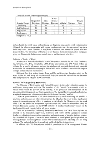 Solid-Waste Management

Table 9.1: Health Impacts (percentages)

Selected Group
Community
Staff (laborers)
Rag pickers
Total number
(sample size = 92)

Respiratory
Problems
27
20
55
30

WaterSkin
Related
Diseases Diseases
35
15
34
11
45
23
35
15

Malaria
12
2
9
7

Filariasis
—
—
5
1

Dengue
Fever
—
—
5
1

pickers handle the solid waste without taking any hygienic measures to avoid contamination.
Although the laborers are provided with gloves, gumboots, etc., they do not routinely use these
while they work. Since Colombo is not prone to malaria, the number of people with this
disease is low. The percentage of filariasis is low because there are immunization campaigns
going on. Water-related diseases are mainly due to bad habits and behaviors.
Pollution of Bodies of Water
A survey was done of water bodies in nine locations to measure the pH value, conductivity, turbidity, NH3, NO3, phosphates, COD, BOD, temperature, and DO. Water bodies are
polluted for a number of reasons such as: the discharge of untreated domestic and industrial
wastewater, the uncontrolled dumping of solid waste, sewer overflows, the direct discharge of
sewage, and insufficient maintenance.
Although there is a serious impact from landfills and temporary dumping points on the
water bodies, no such study has been reported. However it may be inferred that the locations
near dumpsites have a higher BOD component.
National SWM Regulatory Framework
The Ministry of Environment and Natural Resources is the policy-planning agency for
solid-waste management activities. The mandate of the Central Environmental Authority,
which comes under the purview of the ministry, is the protection and management of the
environment for the present and future generations. The Central Environmental Authority has
a regional network and officers attached to the Divisional Secretary’s office.
The CEA gives directives to the local authorities (LAs) while monitoring the process. If
any local authority does not follow the directives, the CEA has the power to take legal action
against it. An environmental officer is appointed to each LA by the CEA to monitor the work
there. All LAs operate in independent legal enactment and financial frameworks. Only the
Western Provincial Council has the SWM authority. It handles transboundary issues for the
local authorities and gives technical advice as needed.
There are by-laws cited concerning SWM under Ordinance 6 of 1910. These by-laws are
enacted for the regulation, supervision, inspection, and control of the segregation, storage,
discharge, collection, transportation, operation, and maintenance of transfer stations, processing, treatment and disposal of the solid waste generated in public places, private premises, on
municipal streets and thoroughfares, and all other incidental activities. These by-laws are being
updated. The technical drafting is completed and legal drafting is in progress.
In addition, the CEA has prepared technical guidelines for MSW management. Various
– 250 –

 