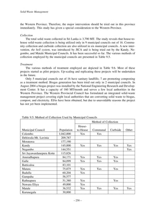 Solid-Waste Management

the Western Province. Therefore, the major intervention should be tried out in this province
immediately. This study has given a special consideration to the Western Province.
Collection
The total solid waste collected in Sri Lanka is 3,790 MT. The study reveals that house-tohouse solid-waste collection is being utilized only in 9 municipal councils out of 16. Community collection and curbside collection are also utilized in six municipal councils. A new intervention, the bell system, was introduced by JICA and is being tried out by the Kandy, Negombo, and Matale Municipal Councils. It has been successful so far. The various methods of
collection employed by the municipal councils are presented in Table 9.5.
Treatment
The various methods of treatment employed are depicted in Table 9.6. Most of these
projects started as pilot projects. Up-scaling and replicating these projects will be undertaken
in the future.
Only 5 municipal councils out of 16 have sanitary landfills; 7 are promoting composting
as a treatment method. Biogas generation has been tried out only in 2 municipal councils. In
August 2004 a biogas project was installed by the National Engineering Research and Development Center. It has a capacity of 160 MT/month and serves a few local authorities in the
Western Province. The Western Provincial Council has formulated an integrated solid-waste
management project covering eight local authorities that are converting solid waste to biogas,
compost, and electricity. EIAs have been obtained, but due to unavoidable reasons the project
has not yet been implemented.

Table 9.5: Method of Collection Used by Municipal Councils
Method of Collection
Municipal Council
Colombo
Dehiwala-Mt. Lavinia
Moratuwa
Kandy
Negambo
Sri Jayawardanepura Kotte
Anuradhapura
Galle
Batticaloa
Matara
Badulla
Gampaha
Rathnapura
Nuwara Eliya
Matale
Kurunegala

Population
1,042,000
209,787
177,190
145,000
144,551
115,826
84,171
84,099
83,101
75,875
60,204
58,577
51,380
49,000
36,532
30,000

Houseto-House
Yes

Communal
Yes

Curbside

Other

Yes

Yes

Yes

Yes
Yes

Yes
Yes

Yes
Yes

Yes
Yes

Yes
Yes

Yes

Yes

Yes
Yes
Yes

– 258 –

Yes
Yes

Yes

Yes

 