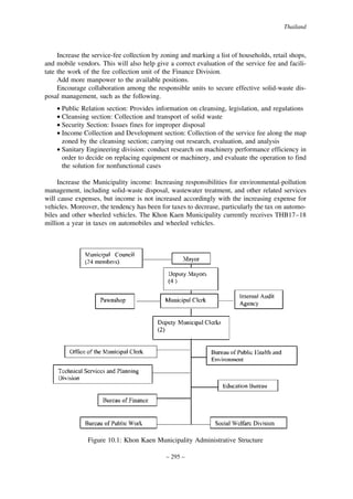 Thailand

Increase the service-fee collection by zoning and marking a list of households, retail shops,
and mobile vendors. This will also help give a correct evaluation of the service fee and facilitate the work of the fee collection unit of the Finance Division.
Add more manpower to the available positions.
Encourage collaboration among the responsible units to secure effective solid-waste disposal management, such as the following.
• Public Relation section: Provides information on cleansing, legislation, and regulations
• Cleansing section: Collection and transport of solid waste
• Security Section: Issues fines for improper disposal
• Income Collection and Development section: Collection of the service fee along the map
zoned by the cleansing section; carrying out research, evaluation, and analysis
• Sanitary Engineering division: conduct research on machinery performance efficiency in
order to decide on replacing equipment or machinery, and evaluate the operation to find
the solution for nonfunctional cases
Increase the Municipality income: Increasing responsibilities for environmental-pollution
management, including solid-waste disposal, wastewater treatment, and other related services
will cause expenses, but income is not increased accordingly with the increasing expense for
vehicles. Moreover, the tendency has been for taxes to decrease, particularly the tax on automobiles and other wheeled vehicles. The Khon Kaen Municipality currently receives THB17–18
million a year in taxes on automobiles and wheeled vehicles.

Figure 10.1: Khon Kaen Municipality Administrative Structure
– 295 –

 