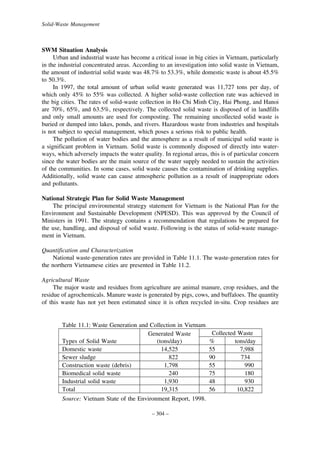 Solid-Waste Management

SWM Situation Analysis
Urban and industrial waste has become a critical issue in big cities in Vietnam, particularly
in the industrial concentrated areas. According to an investigation into solid waste in Vietnam,
the amount of industrial solid waste was 48.7% to 53.3%, while domestic waste is about 45.5%
to 50.3%.
In 1997, the total amount of urban solid waste generated was 11,727 tons per day, of
which only 45% to 55% was collected. A higher solid-waste collection rate was achieved in
the big cities. The rates of solid-waste collection in Ho Chi Minh City, Hai Phong, and Hanoi
are 70%, 65%, and 63.5%, respectively. The collected solid waste is disposed of in landfills
and only small amounts are used for composting. The remaining uncollected solid waste is
buried or dumped into lakes, ponds, and rivers. Hazardous waste from industries and hospitals
is not subject to special management, which poses a serious risk to public health.
The pollution of water bodies and the atmosphere as a result of municipal solid waste is
a significant problem in Vietnam. Solid waste is commonly disposed of directly into waterways, which adversely impacts the water quality. In regional areas, this is of particular concern
since the water bodies are the main source of the water supply needed to sustain the activities
of the communities. In some cases, solid waste causes the contamination of drinking supplies.
Additionally, solid waste can cause atmospheric pollution as a result of inappropriate odors
and pollutants.
National Strategic Plan for Solid Waste Management
The principal environmental strategy statement for Vietnam is the National Plan for the
Environment and Sustainable Development (NPESD). This was approved by the Council of
Ministers in 1991. The strategy contains a recommendation that regulations be prepared for
the use, handling, and disposal of solid waste. Following is the status of solid-waste management in Vietnam.
Quantification and Characterization
National waste-generation rates are provided in Table 11.1. The waste-generation rates for
the northern Vietnamese cities are presented in Table 11.2.
Agricultural Waste
The major waste and residues from agriculture are animal manure, crop residues, and the
residue of agrochemicals. Manure waste is generated by pigs, cows, and buffaloes. The quantity
of this waste has not yet been estimated since it is often recycled in-situ. Crop residues are

Table 11.1: Waste Generation and Collection in Vietnam
Generated Waste
Types of Solid Waste
(tons/day)
Domestic waste
14,525
Sewer sludge
822
Construction waste (debris)
1,798
Biomedical solid waste
240
Industrial solid waste
1,930
Total
19,315
Source: Vietnam State of the Environment Report, 1998.
– 304 –

Collected Waste
%
tons/day
55
7,988
90
734
55
990
75
180
48
930
56
10,822

 