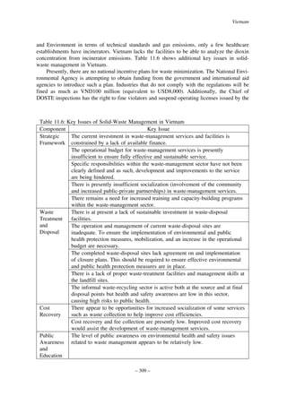 Vietnam

and Environment in terms of technical standards and gas emissions, only a few healthcare
establishments have incinerators. Vietnam lacks the facilities to be able to analyze the dioxin
concentration from incinerator emissions. Table 11.6 shows additional key issues in solidwaste management in Vietnam.
Presently, there are no national incentive plans for waste minimization. The National Environmental Agency is attempting to obtain funding from the government and international aid
agencies to introduce such a plan. Industries that do not comply with the regulations will be
fined as much as VND100 million (equivalent to USD8,000). Additionally, the Chief of
DOSTE inspections has the right to fine violators and suspend operating licenses issued by the

Table 11.6: Key Issues of Solid-Waste Management in Vietnam
Component
Key Issue
Strategic
The current investment in waste-management services and facilities is
Framework constrained by a lack of available finance.
The operational budget for waste-management services is presently
insufficient to ensure fully effective and sustainable service.
Specific responsibilities within the waste-management sector have not been
clearly defined and as such, development and improvements to the service
are being hindered.
There is presently insufficient socialization (involvement of the community
and increased public-private partnerships) in waste-management services.
There remains a need for increased training and capacity-building programs
within the waste-management sector.
Waste
There is at present a lack of sustainable investment in waste-disposal
Treatment
facilities.
and
The operation and management of current waste-disposal sites are
Disposal
inadequate. To ensure the implementation of environmental and public
health protection measures, mobilization, and an increase in the operational
budget are necessary.
The completed waste-disposal sites lack agreement on and implementation
of closure plans. This should be required to ensure effective environmental
and public health protection measures are in place.
There is a lack of proper waste-treatment facilities and management skills at
the landfill sites.
The informal waste-recycling sector is active both at the source and at final
disposal points but health and safety awareness are low in this sector,
causing high risks to public health.
Cost
There appear to be opportunities for increased socialization of some services
Recovery
such as waste collection to help improve cost efficiencies.
Cost recovery and fee collection are presently low. Improved cost recovery
would assist the development of waste-management services.
Public
The level of public awareness on environmental health and safety issues
Awareness related to waste management appears to be relatively low.
and
Education
– 309 –

 