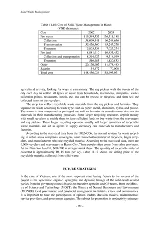 Solid-Waste Management

Table 11.16: Cost of Solid-Waste
(VND thousands)
Cost
For waste
Collection
Transportation
Treatment
For land
Collection and transportation
Treatment
Other
Salaries
Total cost

Management in Hanoi
2002
119,349,335
58,069,441
55,476,560
5,803,334
8,881,610
8,364,927
516,683
20,170,607
54,472
148,456,024

2003
136,511,188
66,244,636
63,243,278
7,023,274
10,435,432
9,314,599
1,120,833
11,678,443
70,008
158,695,071

agricultural activity, looking for ways to earn money. The rag pickers walk the streets of the
city each day to collect all types of waste from households, institutions, dumpsites, wastecollection points, restaurants, hotels, etc. that can be reused or recycled, and then sell the
collected items to the recyclers.
The recyclers collect recyclable waste materials from the rag pickers and factories. They
separate the waste according to waste type, such as paper, metal, aluminum, nylon, and plastic.
The waste is then compacted or packaged and sold to factories or manufacturers that use the
materials in their manufacturing processes. Some larger recycling operators deposit money
with small recyclers to enable them to have sufficient funds to buy waste from the scavengers
and rag pickers. These larger recycling operators usually sell larger quantities of recyclable
waste materials and act as agents to supply secondary raw materials to manufacturers and
factories.
According to the statistical data from the URENCOs, the normal system for waste recycling in urban areas comprises scavengers, small household/commercial recyclers, larger recyclers, and manufacturers who use recycled material. According to the statistical data, there are
6,000 recyclers and scavengers in Hanoi City. These people often come from other provinces.
At the Nam Son landfill, 600–700 scavengers work there. The quantity of recyclable material
collected is approximately 10–15 tons per day. Table 11.17 shows the selling price of the
recyclable material collected from solid waste.

FUTURE STRATEGIES
In the case of Vietnam, one of the most important contributing factors to the success of the
project is the systematic, organic, synergetic, and dynamic linkage of the solid-waste-related
parties from the governing council boards to executive agencies and GP teams, from the Ministry of Science and Technology (MOST), the Ministry of Natural Resources and Environment
(MONRE) local government, and provincial management to districts, cities, and communities.
It is important to have the participation of opinion leaders, decision makers, environmentalservice providers, and government agencies. The subject for promotion is productivity enhance– 322 –

 
