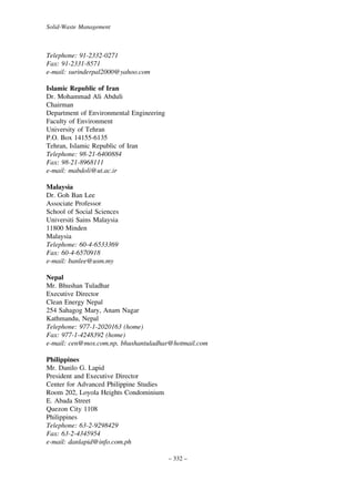 Solid-Waste Management

Telephone: 91-2332-0271
Fax: 91-2331-8571
e-mail: surinderpal2000@yahoo.com
Islamic Republic of Iran
Dr. Mohammad Ali Abduli
Chairman
Department of Environmental Engineering
Faculty of Environment
University of Tehran
P.O. Box 14155-6135
Tehran, Islamic Republic of Iran
Telephone: 98-21-6400884
Fax: 98-21-8968111
e-mail: mabdoli@ut.ac.ir
Malaysia
Dr. Goh Ban Lee
Associate Professor
School of Social Sciences
Universiti Sains Malaysia
11800 Minden
Malaysia
Telephone: 60-4-6533369
Fax: 60-4-6570918
e-mail: banlee@usm.my
Nepal
Mr. Bhushan Tuladhar
Executive Director
Clean Energy Nepal
254 Sahagog Mary, Anam Nagar
Kathmandu, Nepal
Telephone: 977-1-2020163 (home)
Fax: 977-1-4248392 (home)
e-mail: cen@mos.com.np, bhushantuladhar@hotmail.com
Philippines
Mr. Danilo G. Lapid
President and Executive Director
Center for Advanced Philippine Studies
Room 202, Loyola Heights Condominium
E. Abada Street
Quezon City 1108
Philippines
Telephone: 63-2-9298429
Fax: 63-2-4345954
e-mail: danlapid@info.com.ph
– 332 –

 