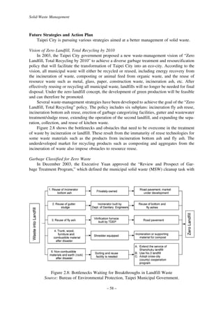 Solid-Waste Management

Future Strategies and Action Plan
Taipei City is pursuing various strategies aimed at a better management of solid waste.
Vision of Zero Landfill, Total Recycling by 2010
In 2003, the Taipei City government proposed a new waste-management vision of “Zero
Landfill, Total Recycling by 2010” to achieve a diverse garbage treatment and resourcification
policy that will facilitate the transformation of Taipei City into an eco-city. According to the
vision, all municipal waste will either be recycled or reused, including energy recovery from
the incineration of waste, composting or animal feed from organic waste, and the reuse of
resource waste such as metal, glass, paper, construction waste, incineration ash, etc. After
effectively reusing or recycling all municipal waste, landfills will no longer be needed for final
disposal. Under the zero landfill concept, the development of green production will be feasible
and can therefore be promoted.
Several waste-management strategies have been developed to achieve the goal of the “Zero
Landfill, Total Recycling” policy. The policy includes six subplans: incineration fly ash reuse,
incineration bottom ash reuse, erection of garbage categorizing facilities, gutter and wastewater
treatment/sludge reuse, extending the operation of the second landfill, and expanding the separation, collection, and reuse of kitchen waste.
Figure 2.8 shows the bottlenecks and obstacles that need to be overcome in the treatment
of waste by incineration or landfill. These result from the immaturity of reuse technologies for
some waste materials such as the products from incineration bottom ash and fly ash. The
underdeveloped market for recycling products such as composting and aggregates from the
incineration of waste also impose obstacles to resource reuse.
Garbage Classified for Zero Waste
In December 2003, the Executive Yuan approved the “Review and Prospect of Garbage Treatment Program,” which defined the municipal solid waste (MSW) cleanup task with

Figure 2.8: Bottlenecks Waiting for Breakthroughs in Landfill Waste
Source: Bureau of Environmental Protection, Taipei Municipal Government.
– 58 –

 