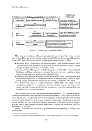 Solid-Waste Management

Figure 3.2: Institutional Framework in India
Many acts and regulations relating to protecting the environment have come up from
time to time. These are described in the section entitled “National Environmental Regulatory
Framework” above. The rules pertaining to solid-waste management are as follows.
• Hazardous Waste (Management and Handling) Rules (1989, amended January 2003):
These rules deal with controlling the generation, collection, treatment, disposal, import,
storage, transport, and handling of hazardous waste.
• Biomedical Waste (Management and Handling) Rules (1998): These rules are legally
binding on healthcare institutions to streamline the process of proper handling (segregation, collection, treatment, and disposal) of hospital waste.
• Municipal Solid Waste (Management and Handling) Rules, 2000: These rules deal with
the scientific management of municipal solid waste by ensuring proper collection, segregation, storage, transportation, processing, and disposal of municipal solid waste.
• The Batteries (Management and Handling) Rules (2001): These rules apply to every
manufacturer, importer, re-conditioner, assembler, dealer, recycler, auctioneer, consumer, and bulk consumer involved in the manufacture, processing, sale, purchase, and
use of batteries or components thereof.
The Municipal Solid Waste (Management and Handling) Rules (2000) and Dr. Burman’s
committee3 report on the status of solid-waste management in Class I cities clearly indicated the
following measures for improving solid-waste management practices: prohibit street littering,
organize a waste-collection system, conduct awareness programs, provide adequate community
storage facilities and color-coded bins, promote segregation at the source, covered transport
vehicles, process waste through appropriate technologies including the composting, recycling,
and recovery of materials.
Figure 3.2 describes the framework of government institutes operating at country, state,
and local level.
3

Dr. Burman’s committee was appointed by the Supreme Court to review all aspects of solid-waste management.

– 68 –

 
