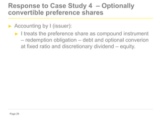 Page 29
Response to Case Study 4 – Optionally
convertible preference shares
► Accounting by I (issuer):
► I treats the pre...
